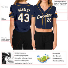 Загрузить изображение в средство просмотра галереи, Custom Women's Navy White-Old Gold V-Neck Cropped Baseball Jersey