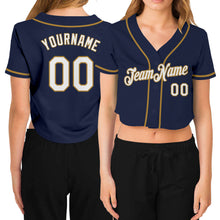 Загрузить изображение в средство просмотра галереи, Custom Women's Navy White-Old Gold V-Neck Cropped Baseball Jersey