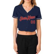 Загрузить изображение в средство просмотра галереи, Custom Women's Navy Red-Gray V-Neck Cropped Baseball Jersey