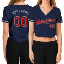Загрузить изображение в средство просмотра галереи, Custom Women's Navy Red-Gray V-Neck Cropped Baseball Jersey