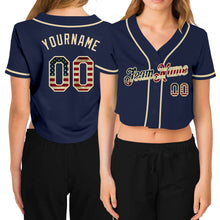 Загрузить изображение в средство просмотра галереи, Custom Women's Navy Vintage USA Flag-Cream V-Neck Cropped Baseball Jersey
