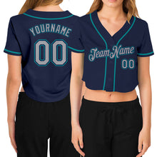 Загрузить изображение в средство просмотра галереи, Custom Women's Navy Gray-Aqua V-Neck Cropped Baseball Jersey