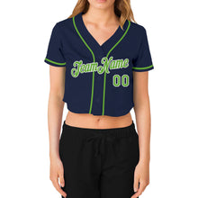 Загрузить изображение в средство просмотра галереи, Custom Women's Navy Neon Green-White V-Neck Cropped Baseball Jersey