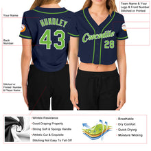 Загрузить изображение в средство просмотра галереи, Custom Women's Navy Neon Green-White V-Neck Cropped Baseball Jersey