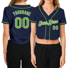 Загрузить изображение в средство просмотра галереи, Custom Women's Navy Neon Green-White V-Neck Cropped Baseball Jersey