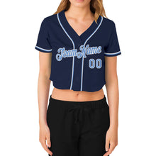Загрузить изображение в средство просмотра галереи, Custom Women's Navy Light Blue-White V-Neck Cropped Baseball Jersey
