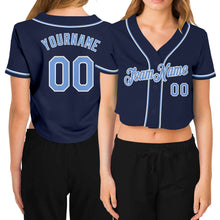 Загрузить изображение в средство просмотра галереи, Custom Women's Navy Light Blue-White V-Neck Cropped Baseball Jersey