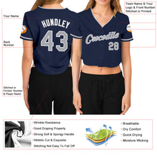 Загрузить изображение в средство просмотра галереи, Custom Women's Navy Gray-White V-Neck Cropped Baseball Jersey
