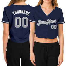 Загрузить изображение в средство просмотра галереи, Custom Women's Navy Gray-White V-Neck Cropped Baseball Jersey