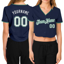 Загрузить изображение в средство просмотра галереи, Custom Women's Navy White Kelly Green-Gray V-Neck Cropped Baseball Jersey
