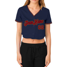 Laden Sie das Bild in den Galerie-Viewer, Custom Women's Navy Red-Old Gold V-Neck Cropped Baseball Jersey