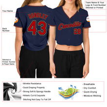Laden Sie das Bild in den Galerie-Viewer, Custom Women's Navy Red-Old Gold V-Neck Cropped Baseball Jersey