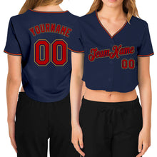 Laden Sie das Bild in den Galerie-Viewer, Custom Women's Navy Red-Old Gold V-Neck Cropped Baseball Jersey