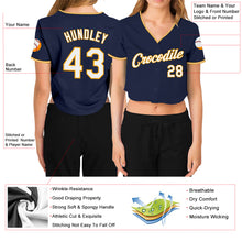 Загрузить изображение в средство просмотра галереи, Custom Women's Navy White-Gold V-Neck Cropped Baseball Jersey