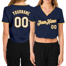 Загрузить изображение в средство просмотра галереи, Custom Women's Navy White-Gold V-Neck Cropped Baseball Jersey