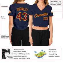 Загрузить изображение в средство просмотра галереи, Custom Women's Navy Crimson-Gold V-Neck Cropped Baseball Jersey