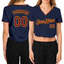 Загрузить изображение в средство просмотра галереи, Custom Women's Navy Crimson-Gold V-Neck Cropped Baseball Jersey