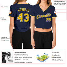 Загрузить изображение в средство просмотра галереи, Custom Women's Navy Gold-White V-Neck Cropped Baseball Jersey