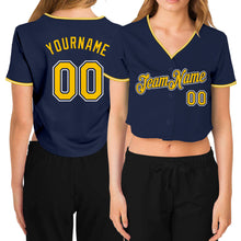 Загрузить изображение в средство просмотра галереи, Custom Women's Navy Gold-White V-Neck Cropped Baseball Jersey