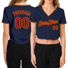 Загрузить изображение в средство просмотра галереи, Custom Women's Navy Red-Gold V-Neck Cropped Baseball Jersey