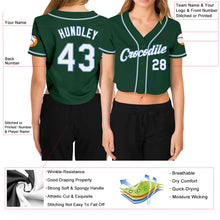 Laden Sie das Bild in den Galerie-Viewer, Custom Women's Green White-Light Blue V-Neck Cropped Baseball Jersey