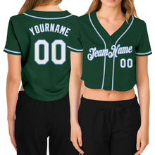 Laden Sie das Bild in den Galerie-Viewer, Custom Women's Green White-Light Blue V-Neck Cropped Baseball Jersey