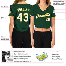 Laden Sie das Bild in den Galerie-Viewer, Custom Women's Green White-Gold V-Neck Cropped Baseball Jersey