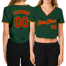 Загрузить изображение в средство просмотра галереи, Custom Women's Green Red-Gold V-Neck Cropped Baseball Jersey