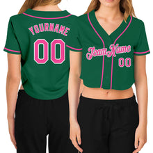 Laden Sie das Bild in den Galerie-Viewer, Custom Women's Kelly Green Pink-White V-Neck Cropped Baseball Jersey