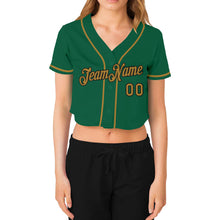 Laden Sie das Bild in den Galerie-Viewer, Custom Women's Kelly Green Old Gold-Black V-Neck Cropped Baseball Jersey