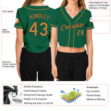 Laden Sie das Bild in den Galerie-Viewer, Custom Women's Kelly Green Old Gold-Black V-Neck Cropped Baseball Jersey