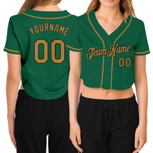 Laden Sie das Bild in den Galerie-Viewer, Custom Women's Kelly Green Old Gold-Black V-Neck Cropped Baseball Jersey