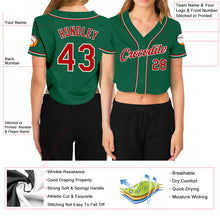 Загрузить изображение в средство просмотра галереи, Custom Women's Kelly Green Red-White V-Neck Cropped Baseball Jersey