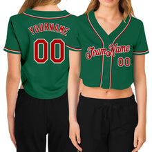 Загрузить изображение в средство просмотра галереи, Custom Women's Kelly Green Red-White V-Neck Cropped Baseball Jersey