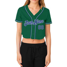 Laden Sie das Bild in den Galerie-Viewer, Custom Women's Kelly Green Royal-White V-Neck Cropped Baseball Jersey
