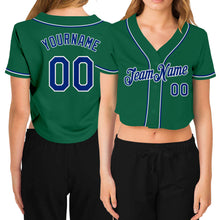Laden Sie das Bild in den Galerie-Viewer, Custom Women's Kelly Green Royal-White V-Neck Cropped Baseball Jersey