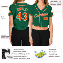 Laden Sie das Bild in den Galerie-Viewer, Custom Women's Kelly Green Orange-White V-Neck Cropped Baseball Jersey