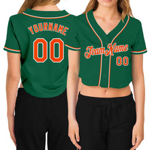 Laden Sie das Bild in den Galerie-Viewer, Custom Women's Kelly Green Orange-White V-Neck Cropped Baseball Jersey