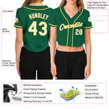 Laden Sie das Bild in den Galerie-Viewer, Custom Women's Kelly Green White-Gold V-Neck Cropped Baseball Jersey
