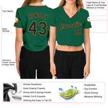 Laden Sie das Bild in den Galerie-Viewer, Custom Women's Kelly Green Black-Old Gold V-Neck Cropped Baseball Jersey