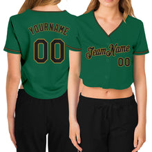 Laden Sie das Bild in den Galerie-Viewer, Custom Women's Kelly Green Black-Old Gold V-Neck Cropped Baseball Jersey