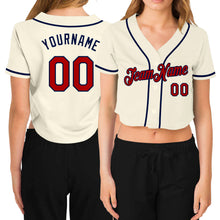 Laden Sie das Bild in den Galerie-Viewer, Custom Women's Cream Red-Navy V-Neck Cropped Baseball Jersey