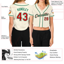 Загрузить изображение в средство просмотра галереи, Custom Women's Cream Red-Kelly Green V-Neck Cropped Baseball Jersey