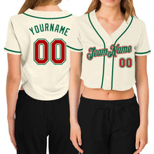 Загрузить изображение в средство просмотра галереи, Custom Women's Cream Red-Kelly Green V-Neck Cropped Baseball Jersey