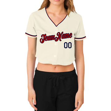 Custom Women's Cream Red-Navy V-Neck Cropped Baseball Jersey