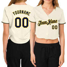 Загрузить изображение в средство просмотра галереи, Custom Women's Cream Navy-Gold V-Neck Cropped Baseball Jersey