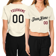 Загрузить изображение в средство просмотра галереи, Custom Women's Cream Black-Crimson V-Neck Cropped Baseball Jersey