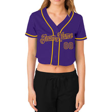 Laden Sie das Bild in den Galerie-Viewer, Custom Women's Purple Purple-Gold V-Neck Cropped Baseball Jersey