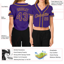 Laden Sie das Bild in den Galerie-Viewer, Custom Women's Purple Purple-Gold V-Neck Cropped Baseball Jersey