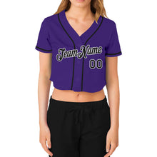 Load image into Gallery viewer, Custom Women's Purple Black-White V-Neck Cropped Baseball Jersey